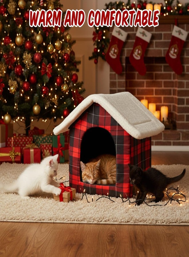 BrightRow 1 Pcs Christmas Cat House Red Plaid Buffalo Cat Bed Cave Winter Warm Waterproof Insulated Pet Dog House with Door Flap for Indoor Outdoor Feral Kitty Puppy - Image 4